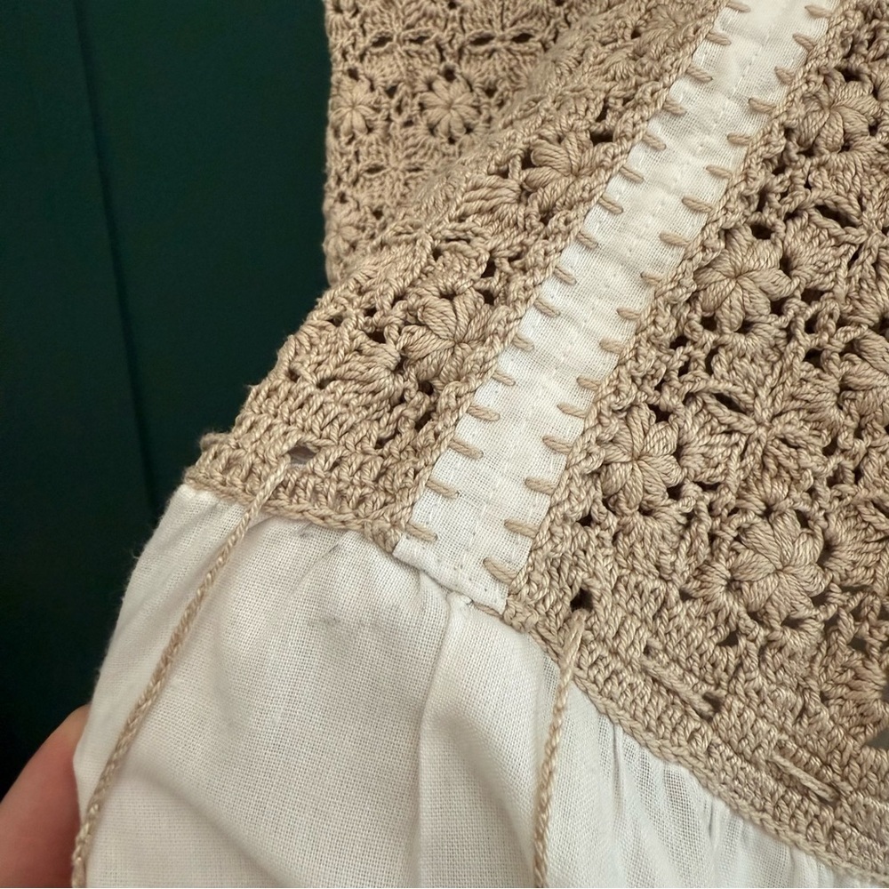 1970S Vintage BROWN & CREAM CROCHET Embroidered MIDI DRESS - Picture 12 of 13